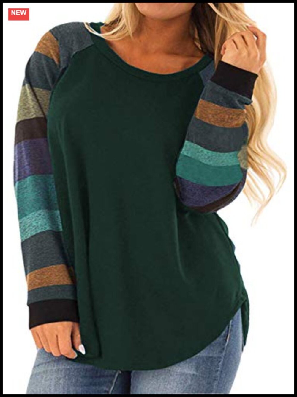 Plus Size Long Sleeve Tunic Colorblock Striped Tee - Soft Rayon Spandex